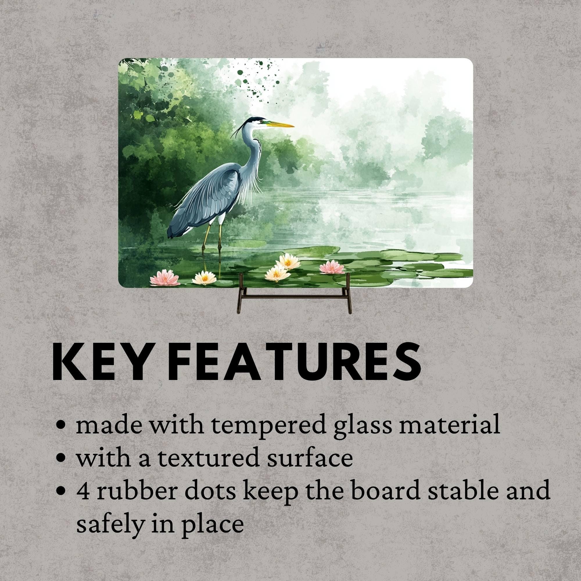 Blue Heron on Lily Pond Glass Cutting Board, Nature-Inspired Kitchen Decor, Water Bird Art Serving Board Gift