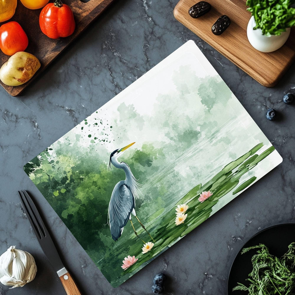 Blue Heron on Lily Pond Glass Cutting Board, Nature-Inspired Kitchen Decor, Water Bird Art Serving Board Gift