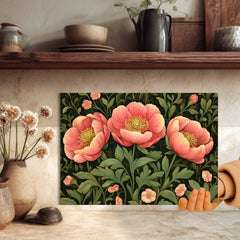 Coral Peony Floral Glass Cutting Board, Botanical Kitchen Art Decor, Blooming Garden Flower Serving Board Gift