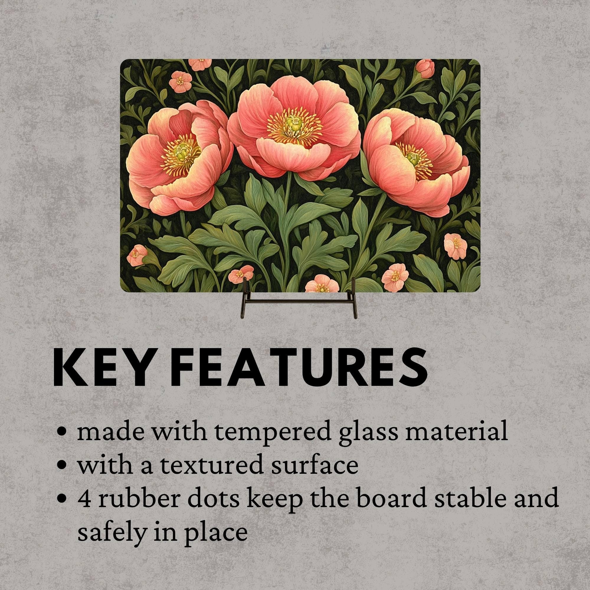 Coral Peony Floral Glass Cutting Board, Botanical Kitchen Art Decor, Blooming Garden Flower Serving Board Gift