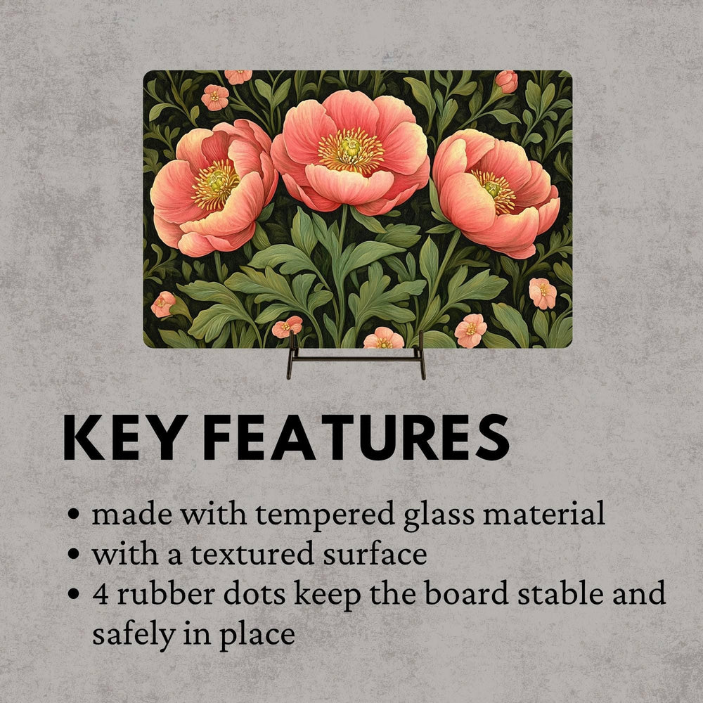 Coral Peony Floral Glass Cutting Board, Botanical Kitchen Art Decor, Blooming Garden Flower Serving Board Gift