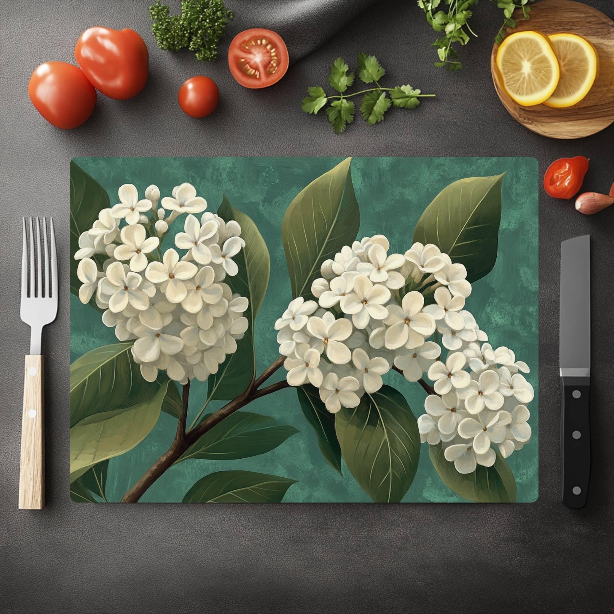 White Lilac Blossom Glass Cutting Board, Neutral Floral Kitchen Art, Elegant Botanical Home Gift