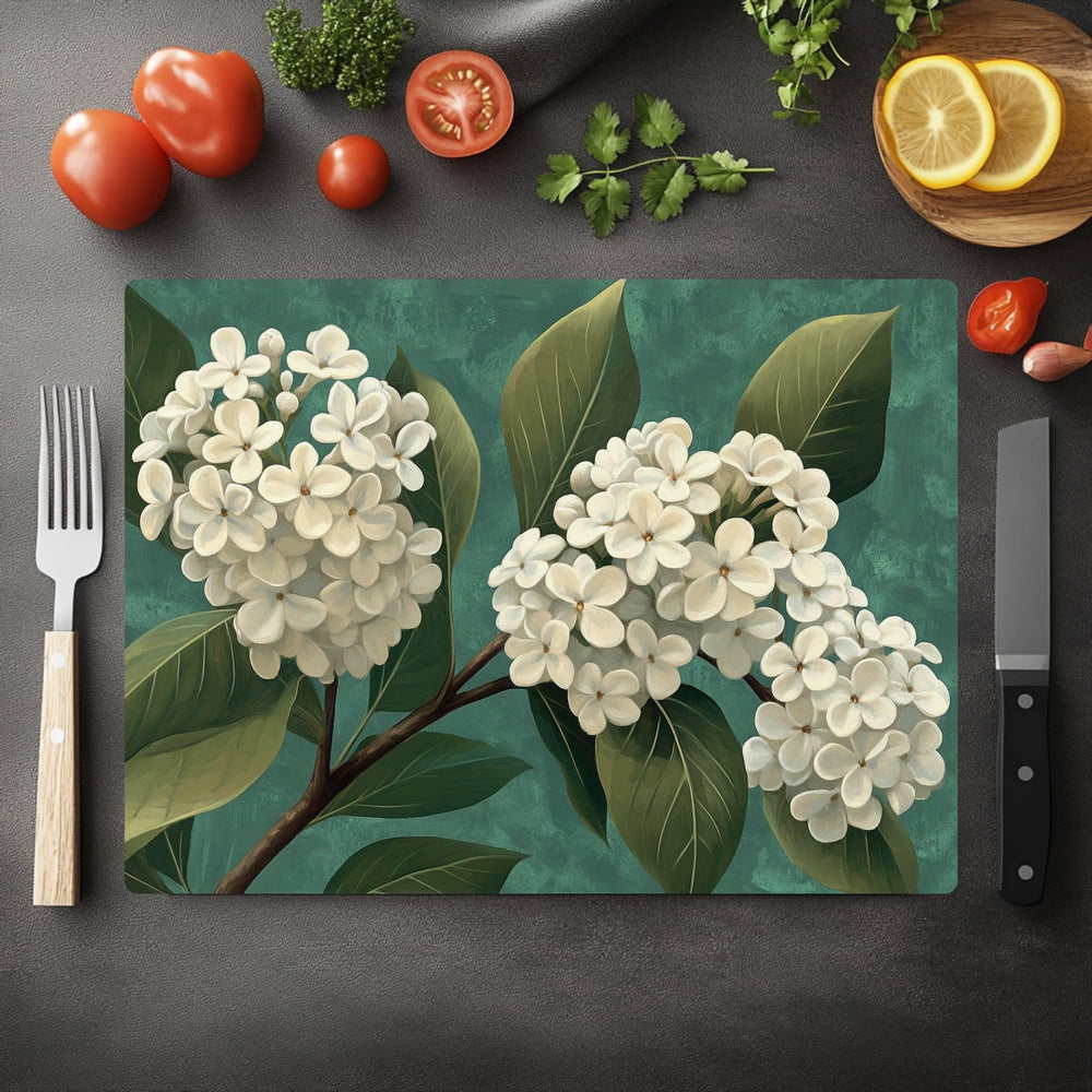 White Lilac Blossom Glass Cutting Board, Neutral Floral Kitchen Art, Elegant Botanical Home Gift