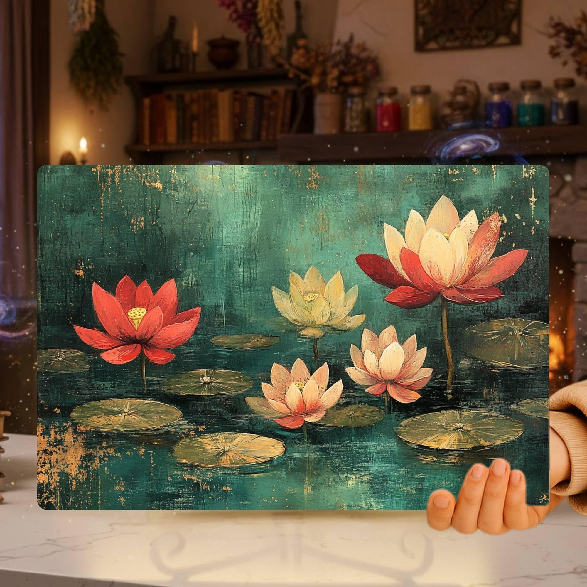 Lotus Pond Glass Cutting Board, Red and Yellow Floral Water Lily Art, Tranquil Zen Botanical Kitchen Gift
