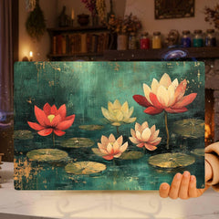 Lotus Pond Glass Cutting Board, Red and Yellow Floral Water Lily Art, Tranquil Zen Botanical Kitchen Gift