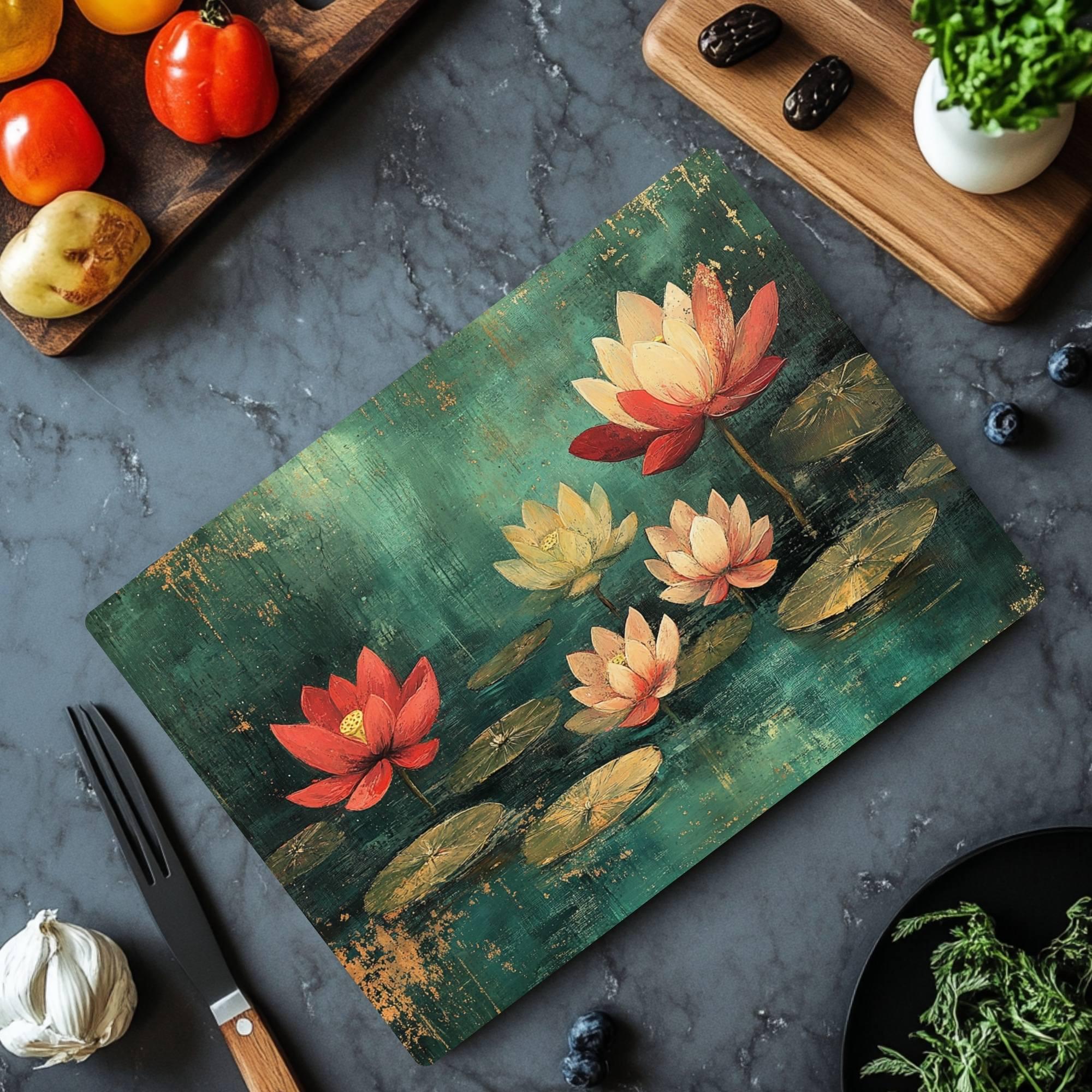 Lotus Pond Glass Cutting Board, Red and Yellow Floral Water Lily Art, Tranquil Zen Botanical Kitchen Gift