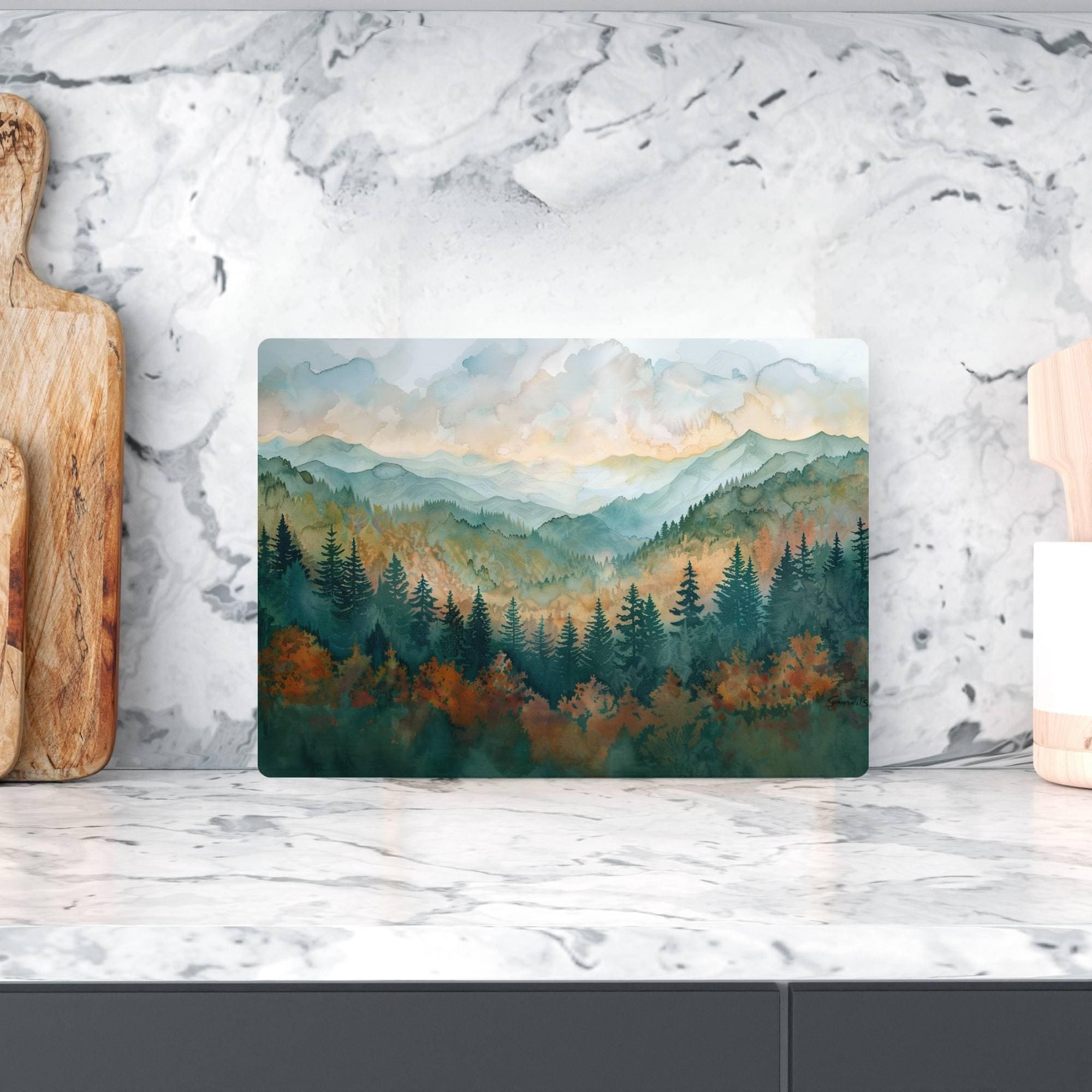 Mountain Forest Landscape Glass Cutting Board, Nature-Inspired Scenic Art Kitchen Decor Gift, Glass Serving Tray or Counter Art