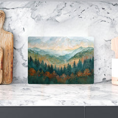 Mountain Forest Landscape Glass Cutting Board, Nature-Inspired Scenic Art Kitchen Decor Gift, Glass Serving Tray or Counter Art