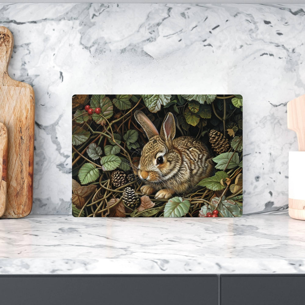 Woodland Rabbit Glass Cutting Board, Nature-Inspired Bunny Art, Rustic Forest Animal Kitchen Decor Gift