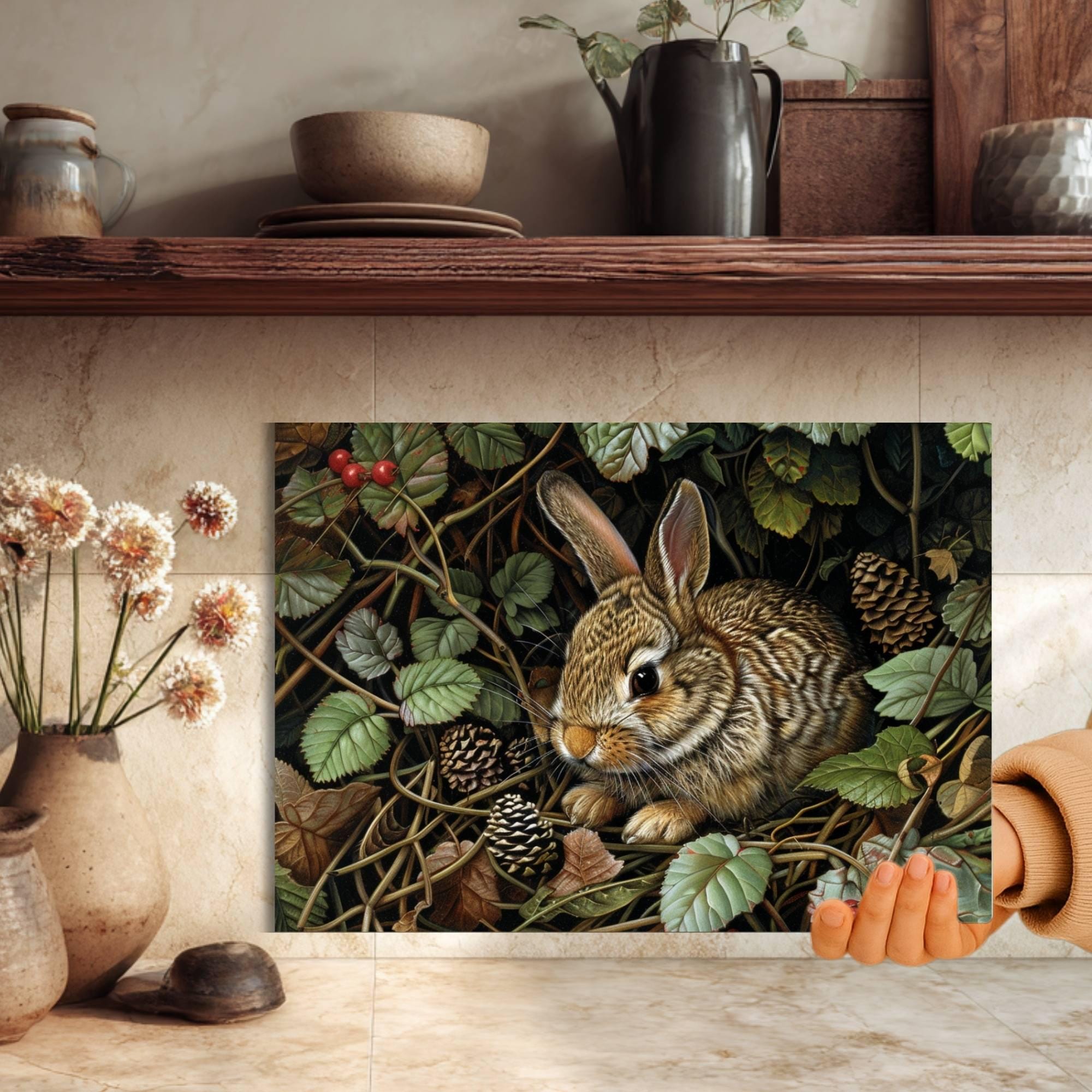 Woodland Rabbit Glass Cutting Board, Nature-Inspired Bunny Art, Rustic Forest Animal Kitchen Decor Gift