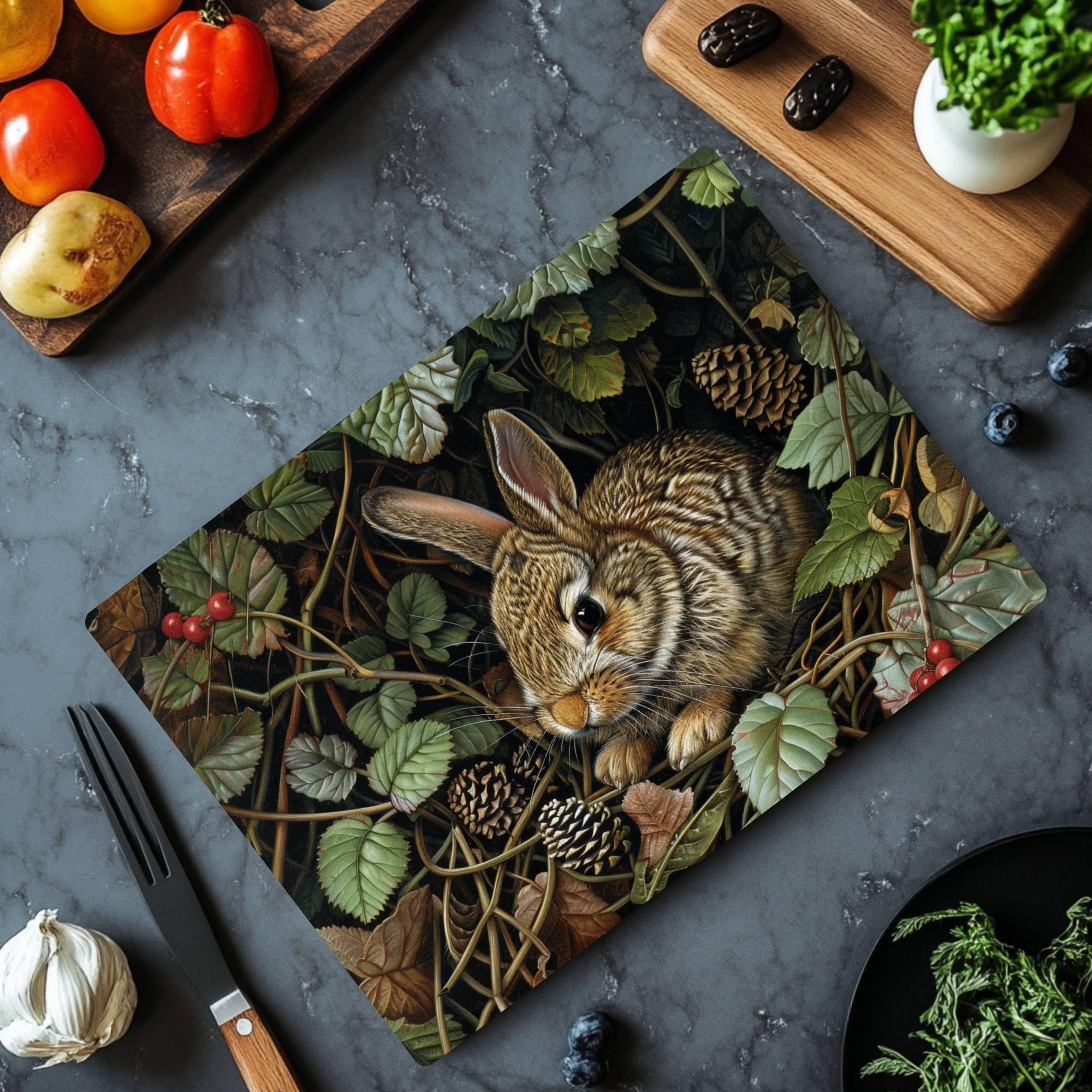Woodland Rabbit Glass Cutting Board, Nature-Inspired Bunny Art, Rustic Forest Animal Kitchen Decor Gift
