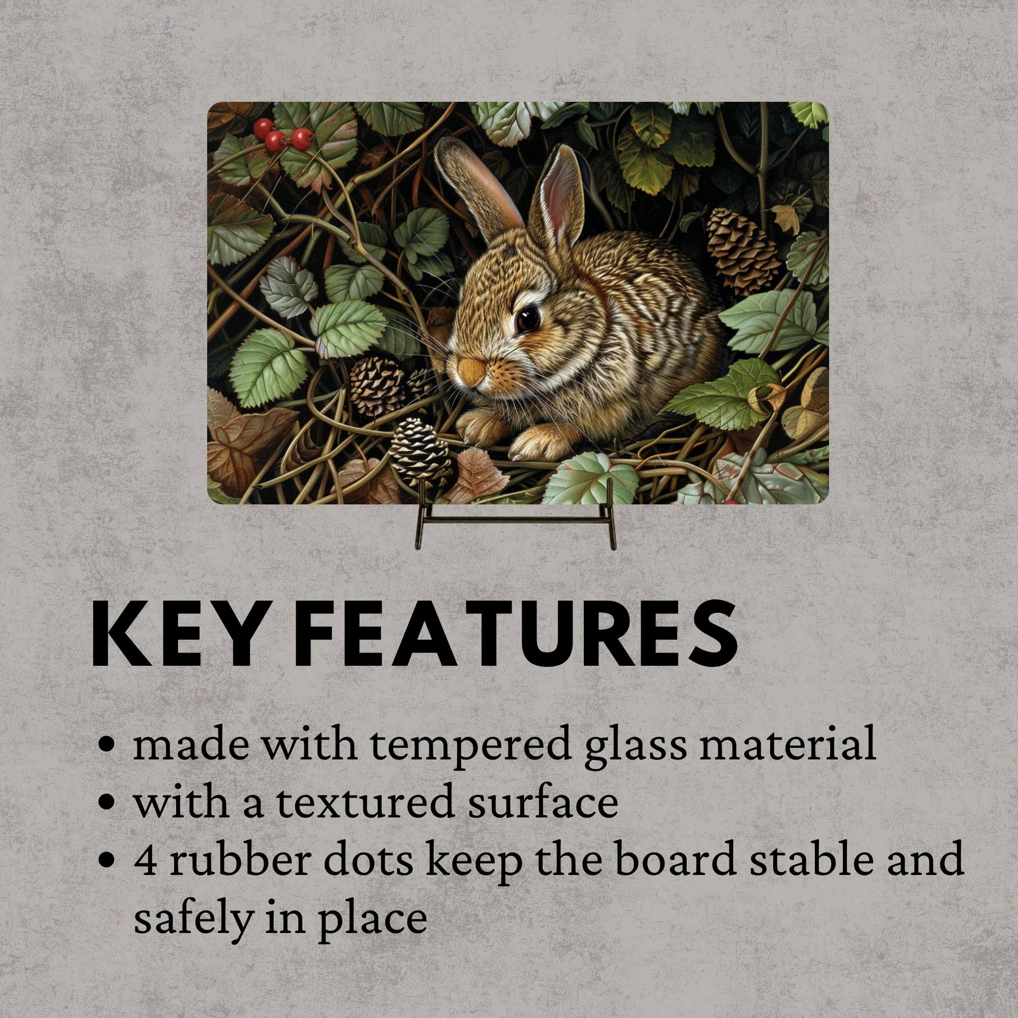 Woodland Rabbit Glass Cutting Board, Nature-Inspired Bunny Art, Rustic Forest Animal Kitchen Decor Gift