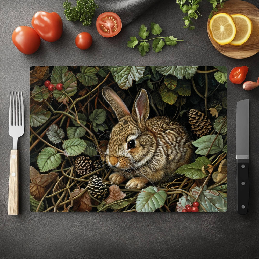 Woodland Rabbit Glass Cutting Board, Nature-Inspired Bunny Art, Rustic Forest Animal Kitchen Decor Gift