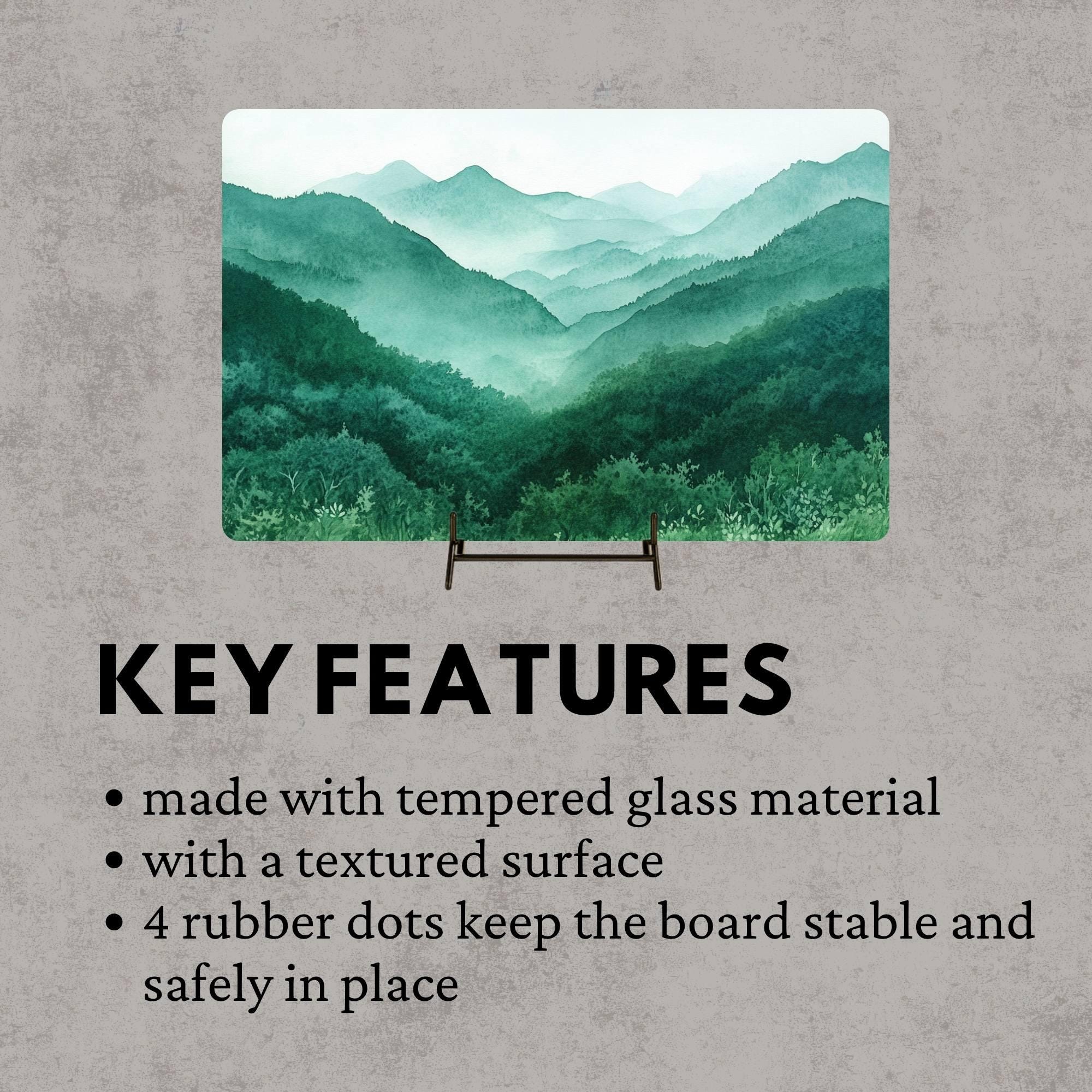 Misty Green Mountains Glass Cutting Board, Nature Landscape Kitchen Decor, Tranquil Forest Layers Art Gift