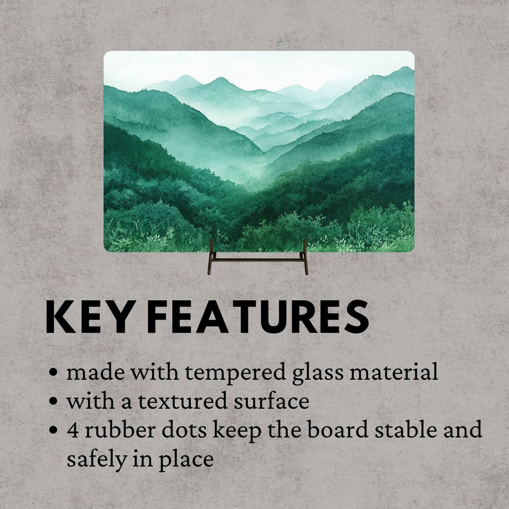 Misty Green Mountains Glass Cutting Board, Nature Landscape Kitchen Decor, Tranquil Forest Layers Art Gift