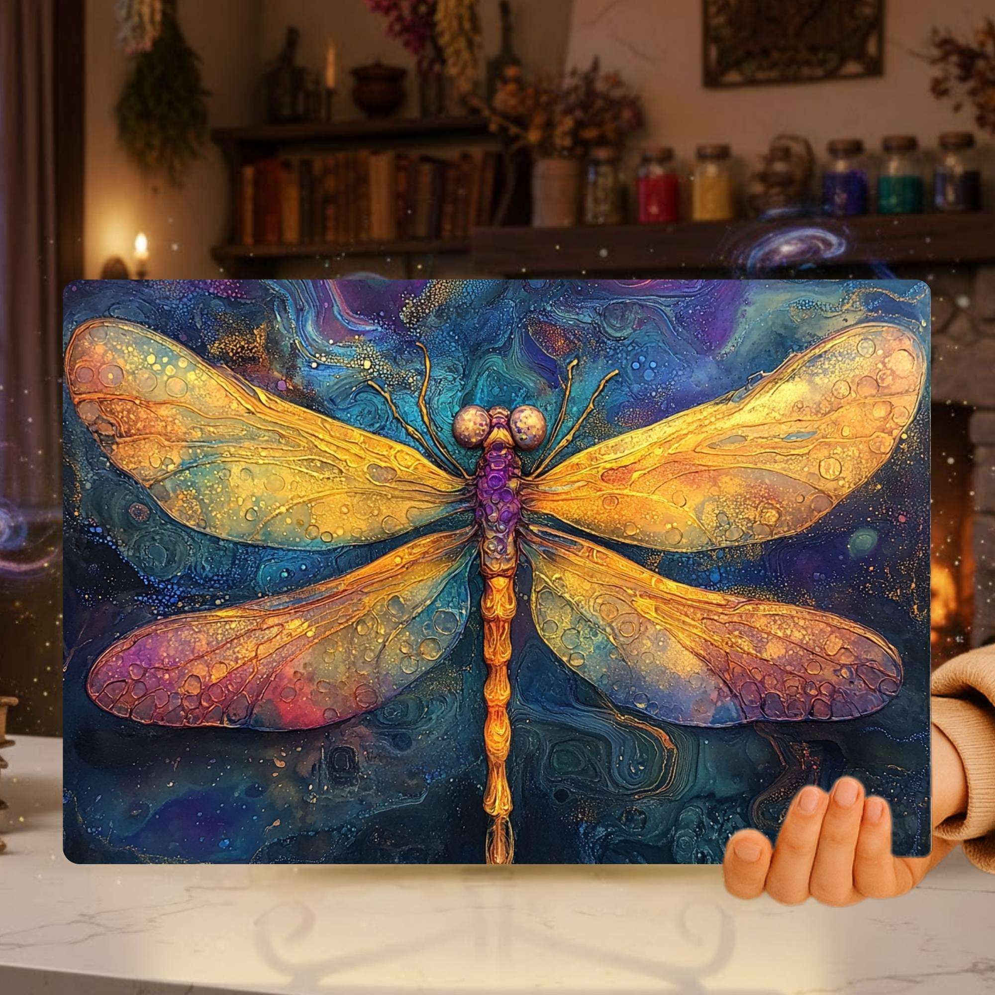 Golden Dragonfly Glass Cutting Board, Mystical Insect Art Kitchen Decor, Boho Nature-Inspired Gift
