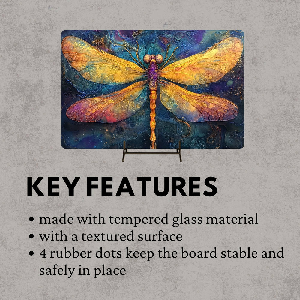 Golden Dragonfly Glass Cutting Board, Mystical Insect Art Kitchen Decor, Boho Nature-Inspired Gift