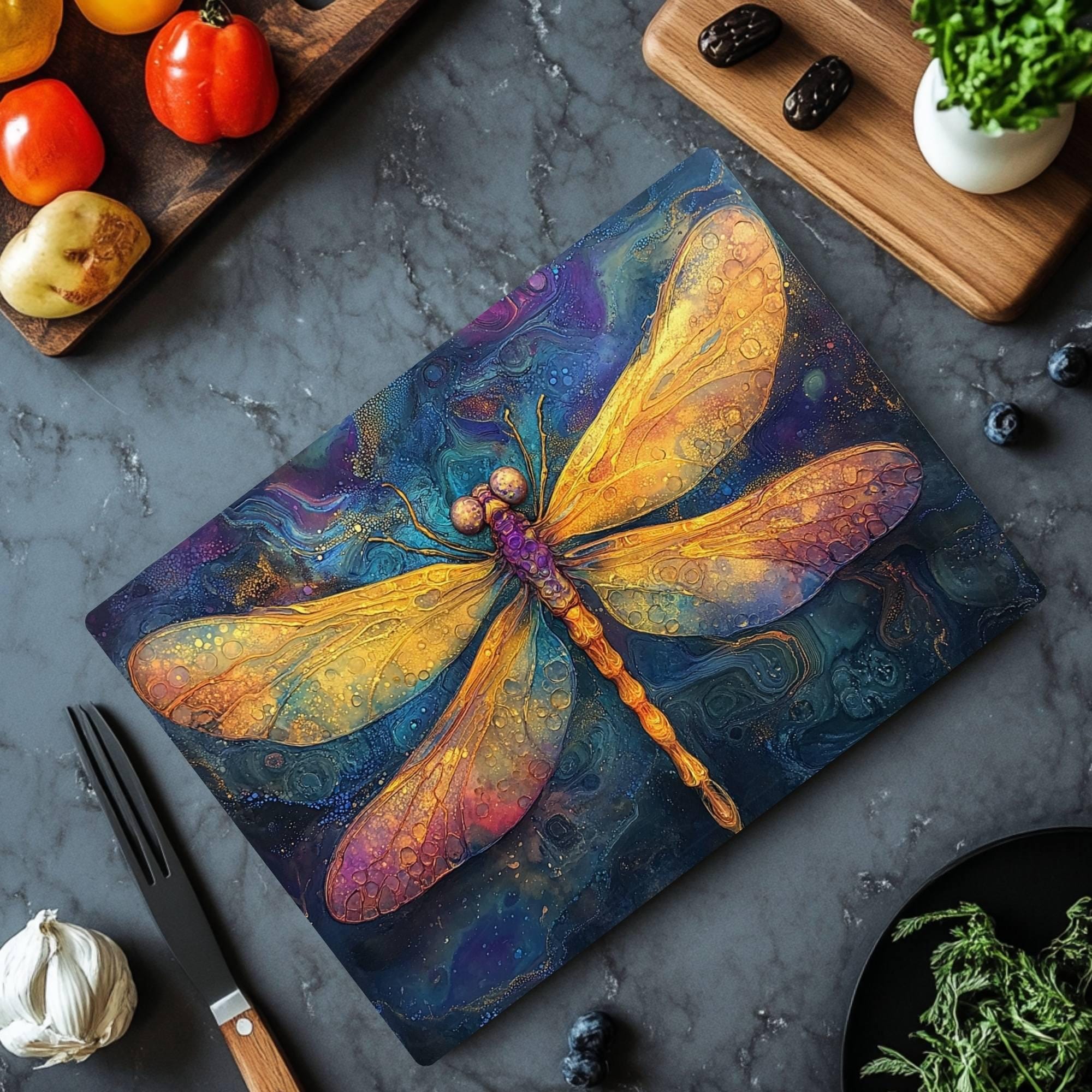 Golden Dragonfly Glass Cutting Board, Mystical Insect Art Kitchen Decor, Boho Nature-Inspired Gift