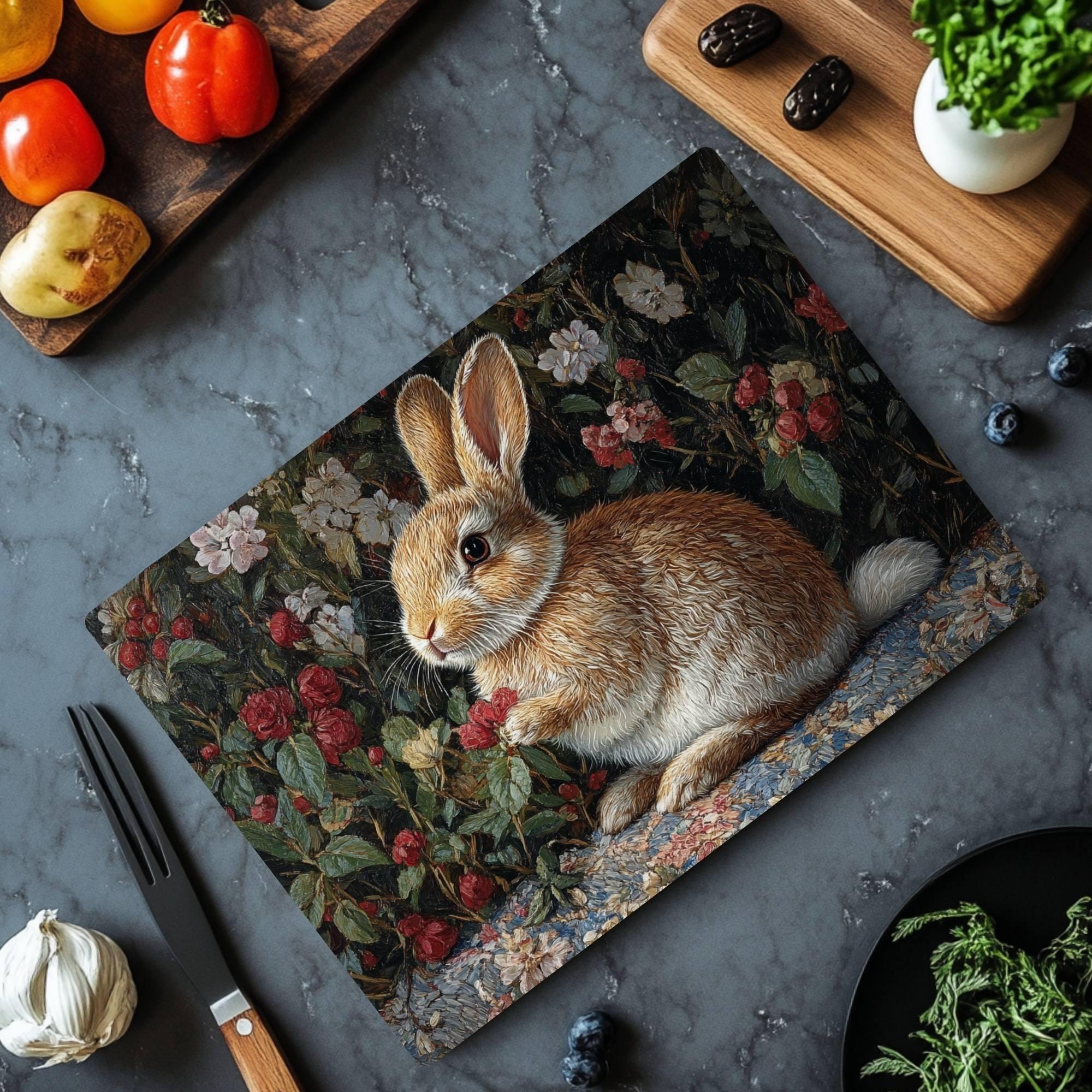 Garden Bunny Glass Cutting Board, Nature-Inspired Rabbit Kitchen Decor, Floral Botanical Cottage Gift
