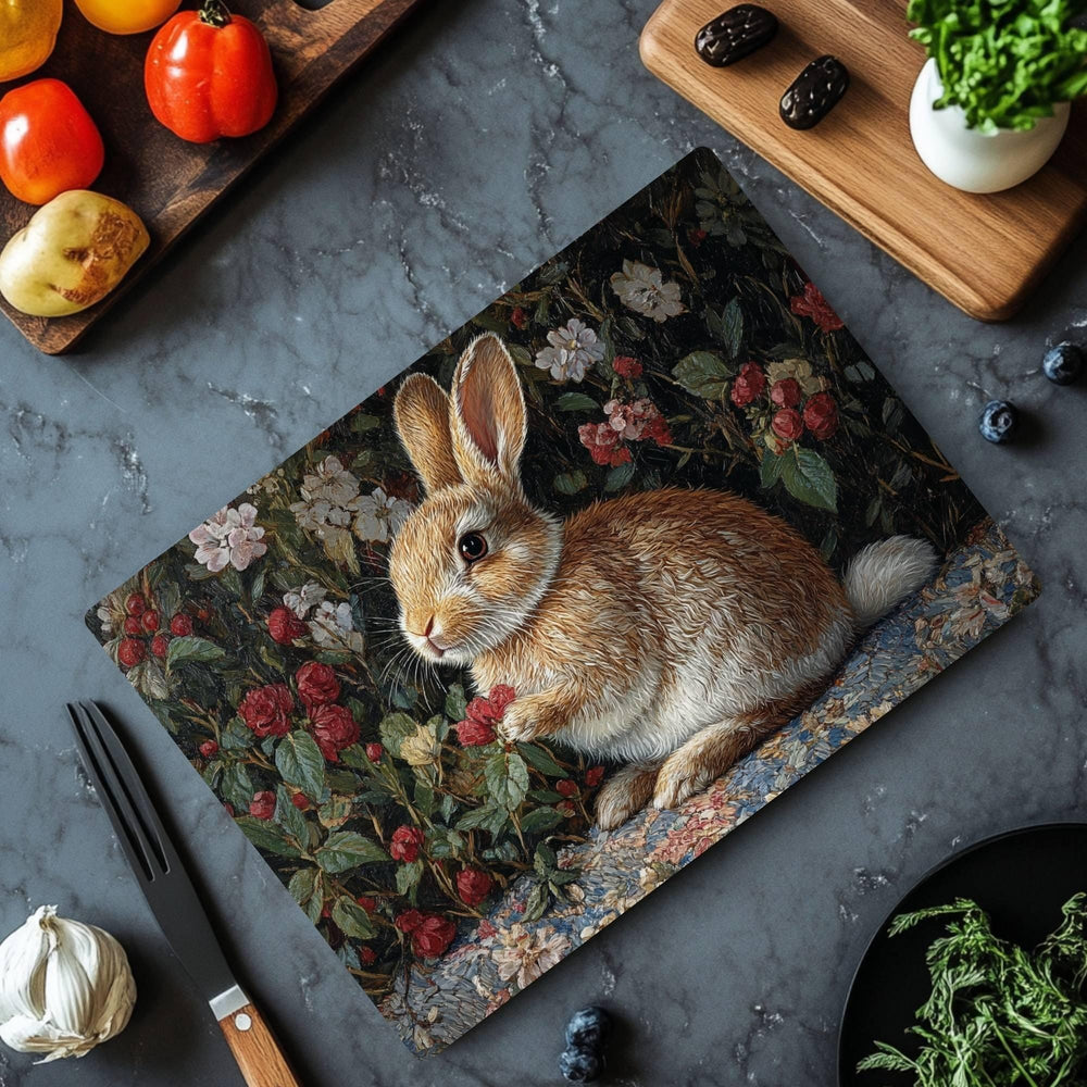Garden Bunny Glass Cutting Board, Nature-Inspired Rabbit Kitchen Decor, Floral Botanical Cottage Gift