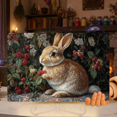 Garden Bunny Glass Cutting Board, Nature-Inspired Rabbit Kitchen Decor, Floral Botanical Cottage Gift
