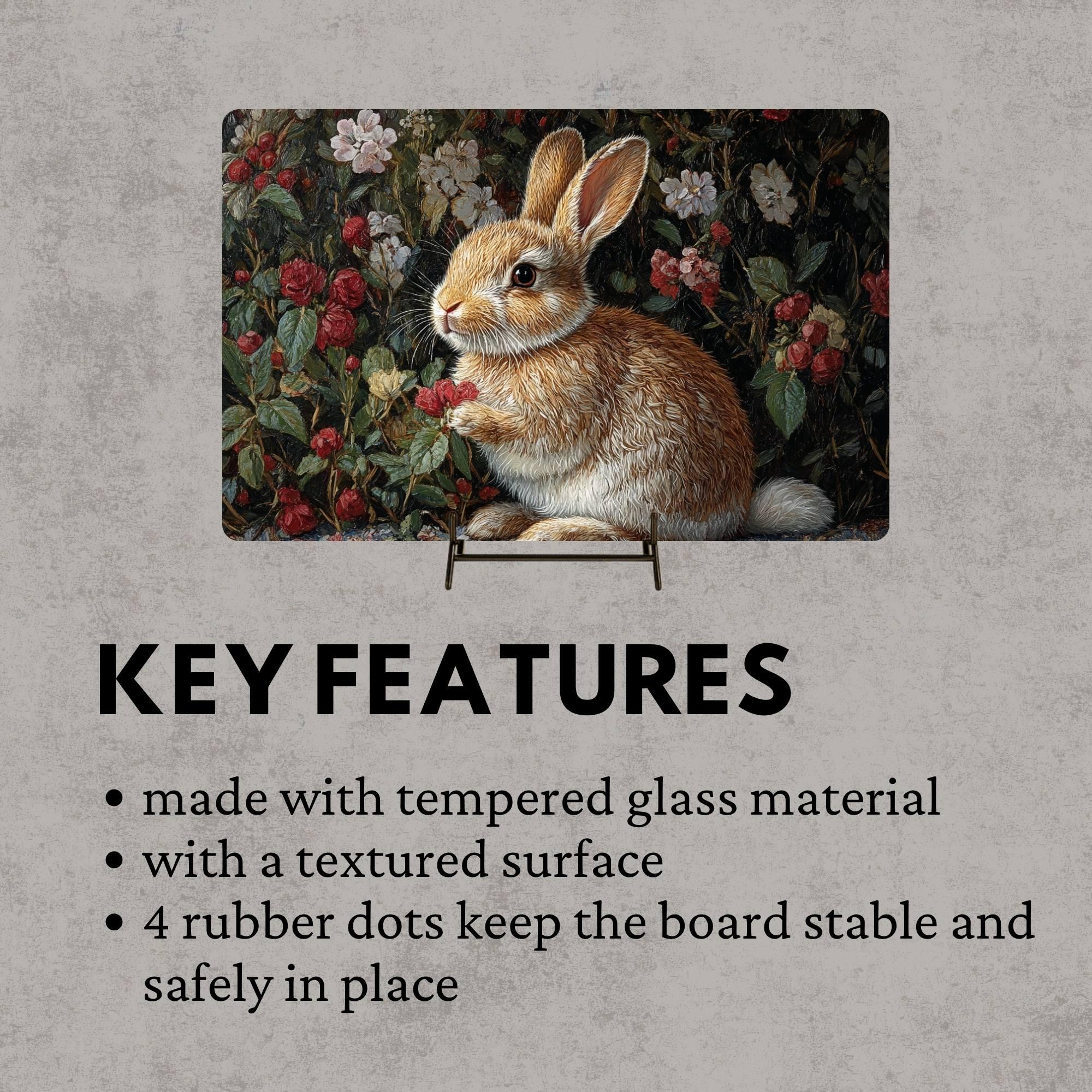Garden Bunny Glass Cutting Board, Nature-Inspired Rabbit Kitchen Decor, Floral Botanical Cottage Gift