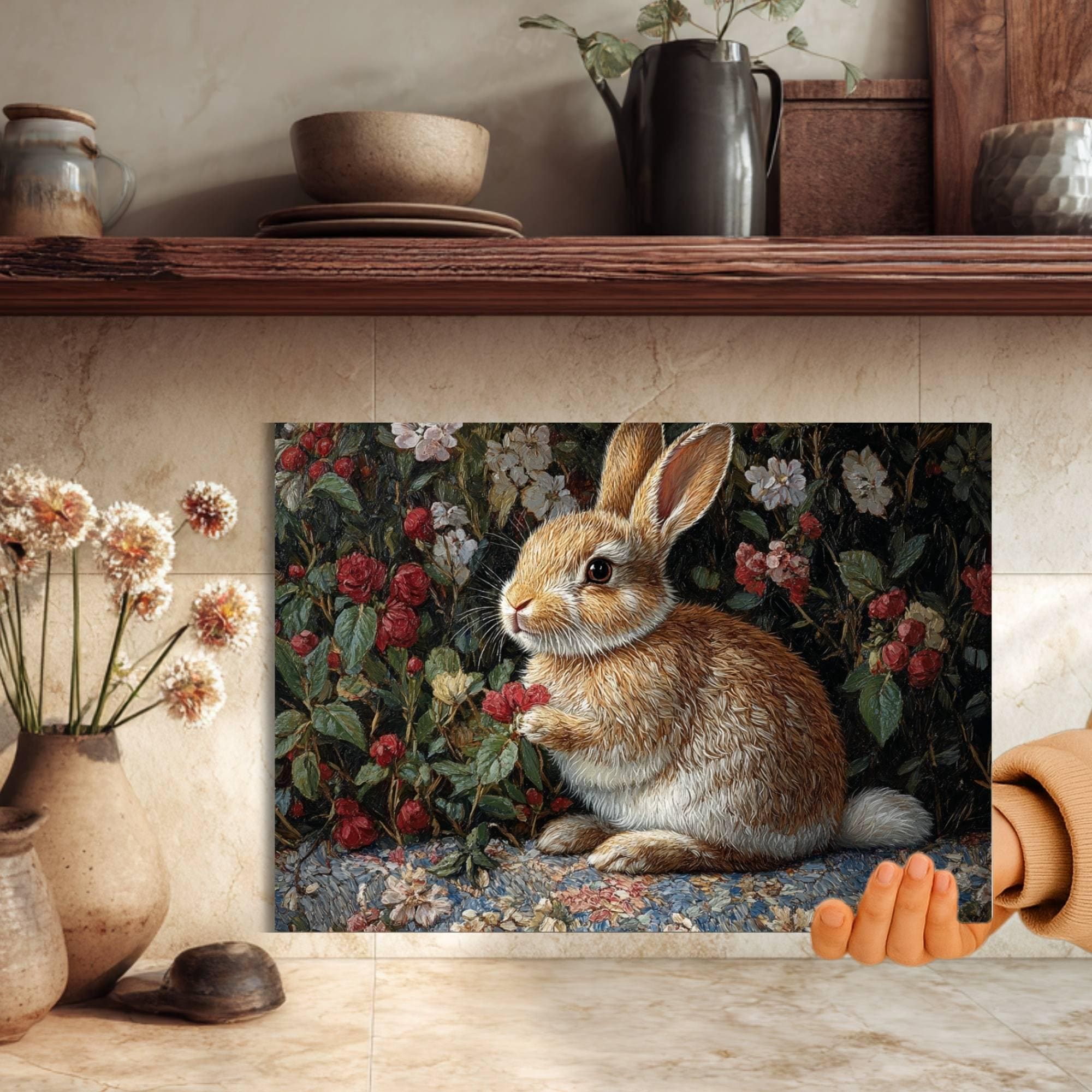 Garden Bunny Glass Cutting Board, Nature-Inspired Rabbit Kitchen Decor, Floral Botanical Cottage Gift