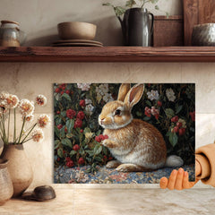 Garden Bunny Glass Cutting Board, Nature-Inspired Rabbit Kitchen Decor, Floral Botanical Cottage Gift