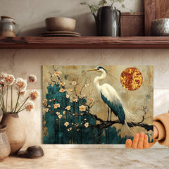 White Heron and Blossoms Glass Cutting Board, Japanese-Inspired Kitchen Decor, Tranquil Nature Art Gift