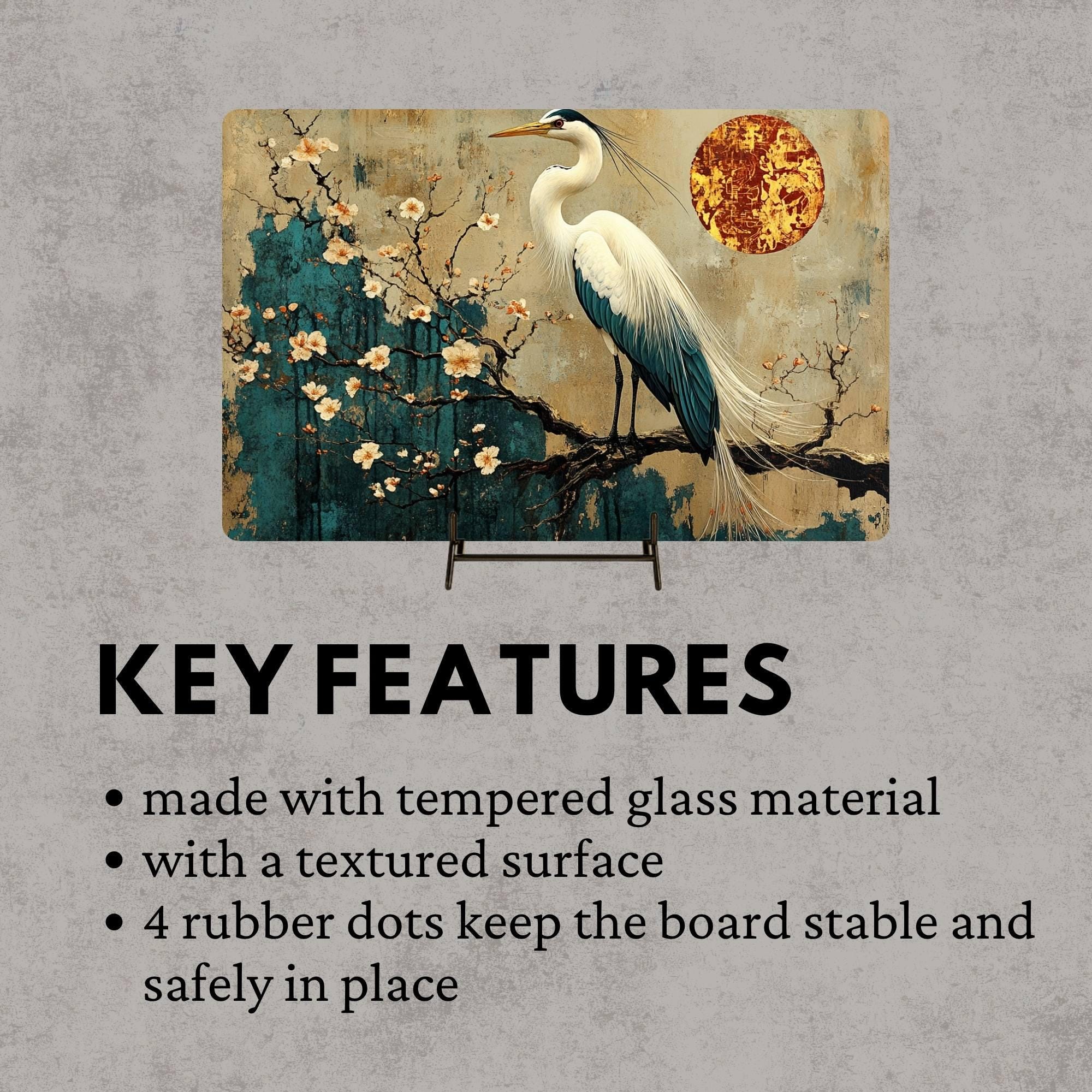 White Heron and Blossoms Glass Cutting Board, Japanese-Inspired Kitchen Decor, Tranquil Nature Art Gift