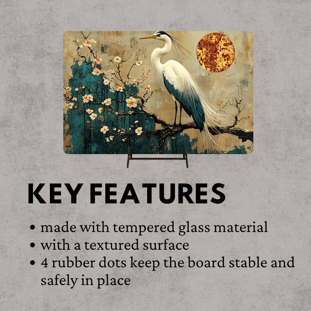 White Heron and Blossoms Glass Cutting Board, Japanese-Inspired Kitchen Decor, Tranquil Nature Art Gift