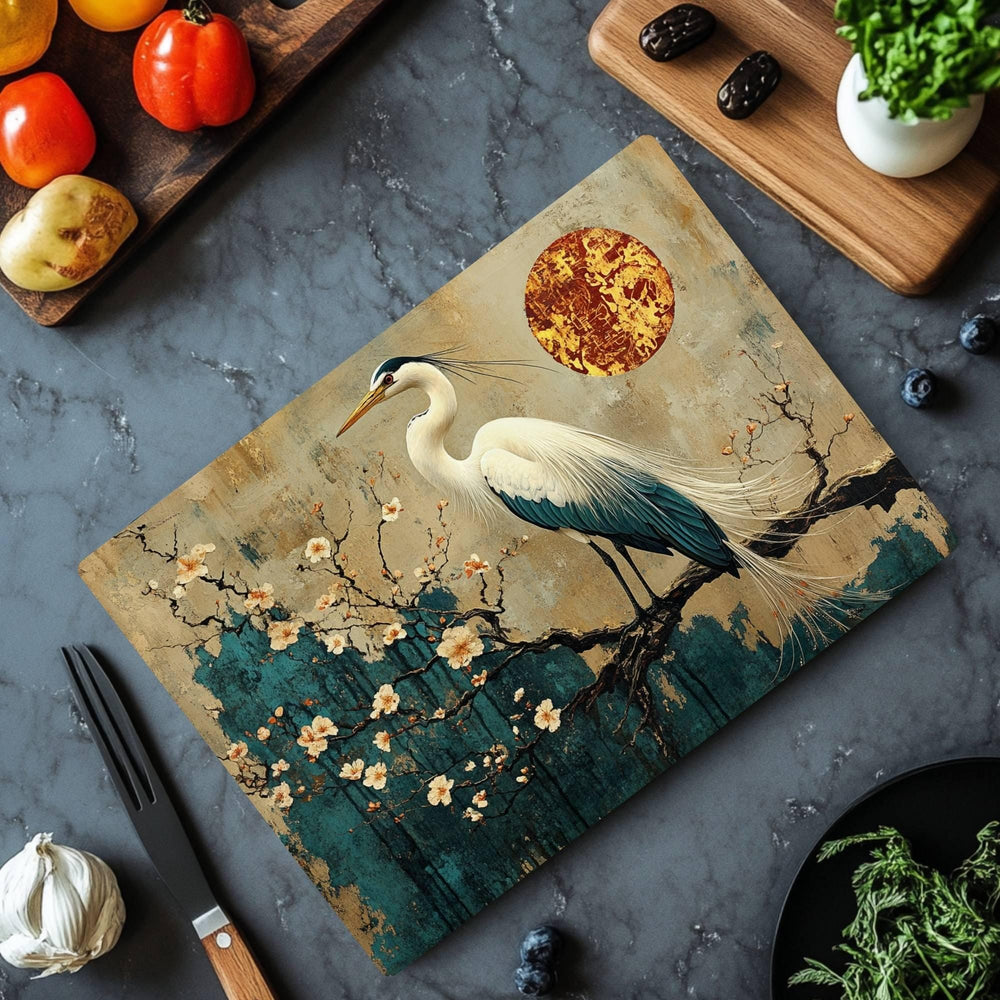 White Heron and Blossoms Glass Cutting Board, Japanese-Inspired Kitchen Decor, Tranquil Nature Art Gift