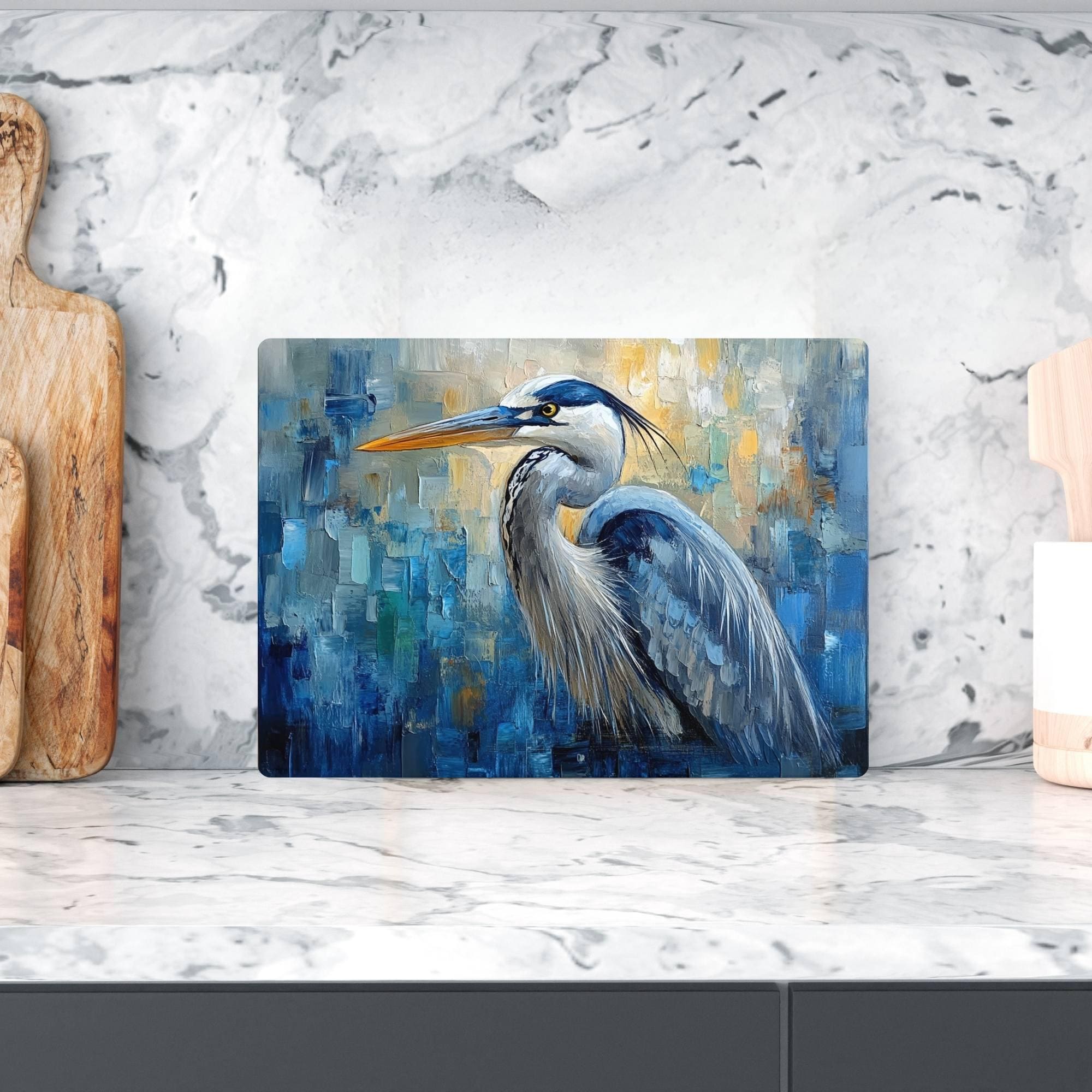 Blue Heron Abstract Glass Cutting Board, Glass Counter Art, Modern Coastal Kitchen Decor, Tempered Glass Serving Tray