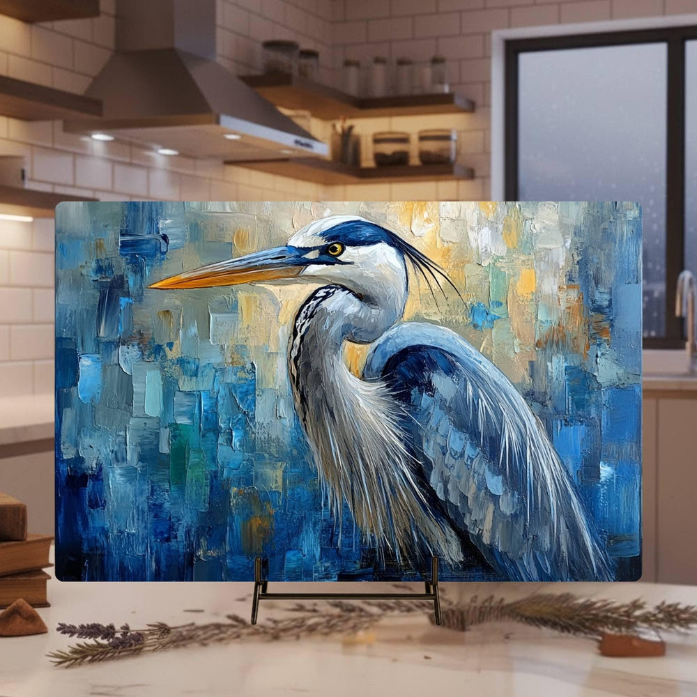 Blue Heron Abstract Glass Cutting Board, Glass Counter Art, Modern Coastal Kitchen Decor, Tempered Glass Serving Tray