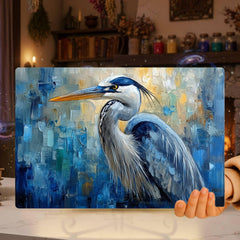Blue Heron Abstract Glass Cutting Board, Glass Counter Art, Modern Coastal Kitchen Decor, Tempered Glass Serving Tray