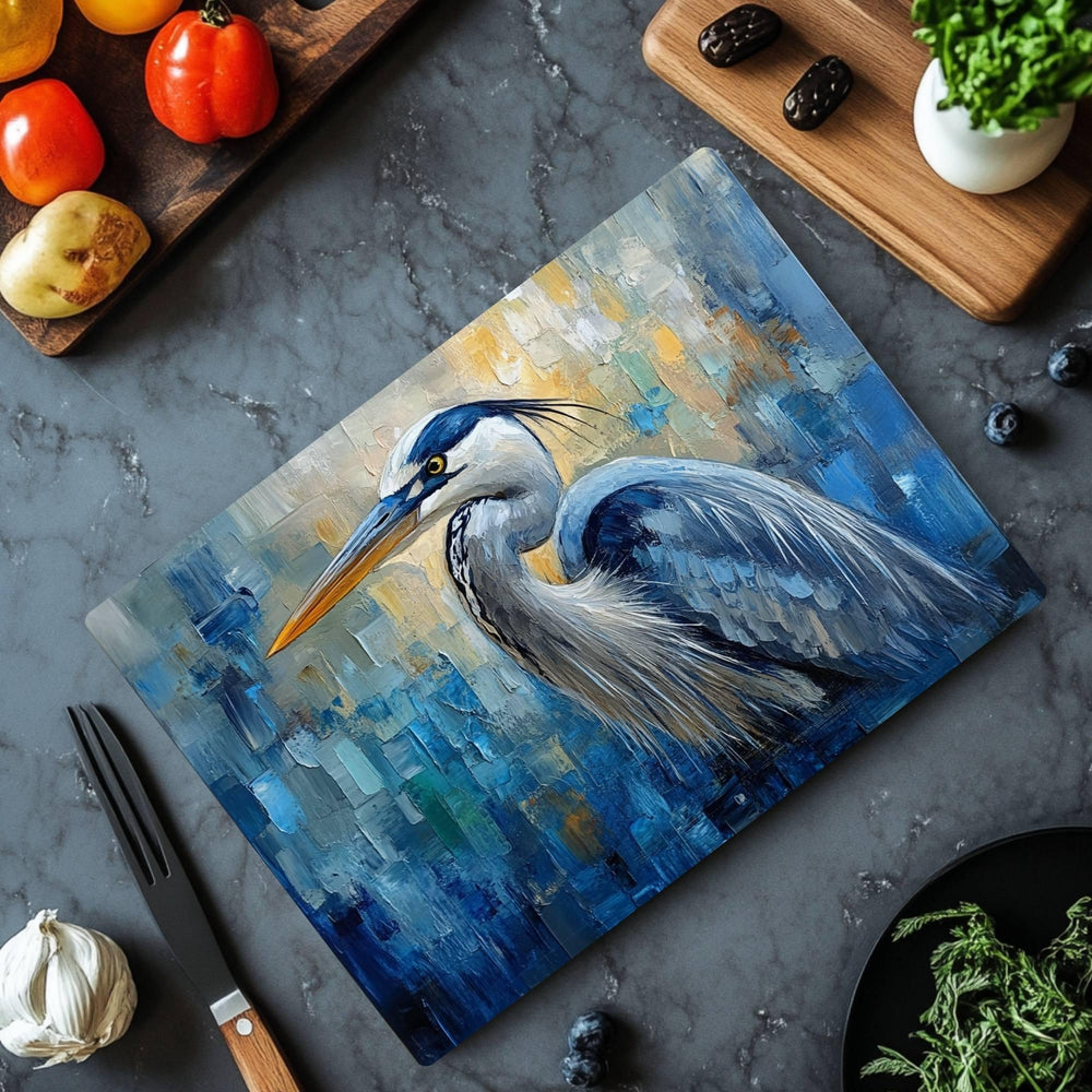 Blue Heron Abstract Glass Cutting Board, Glass Counter Art, Modern Coastal Kitchen Decor, Tempered Glass Serving Tray