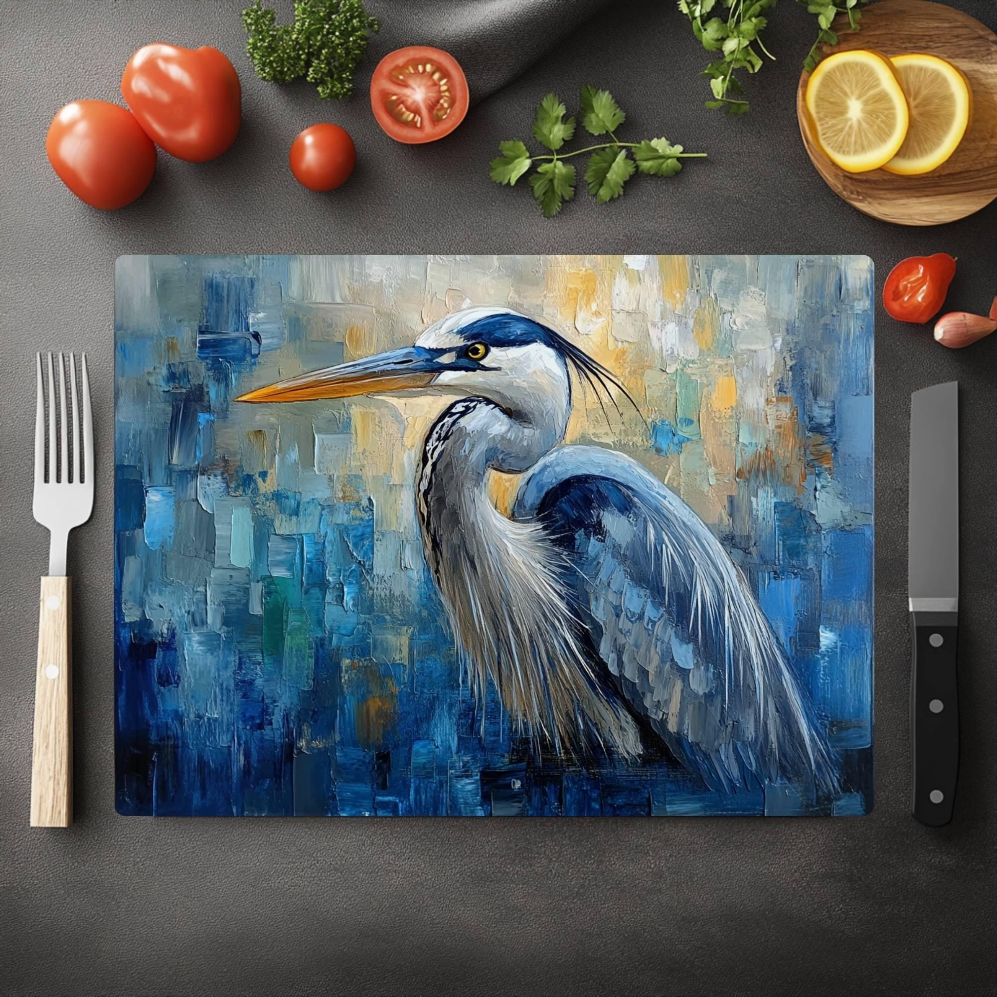 Blue Heron Abstract Glass Cutting Board, Glass Counter Art, Modern Coastal Kitchen Decor, Tempered Glass Serving Tray