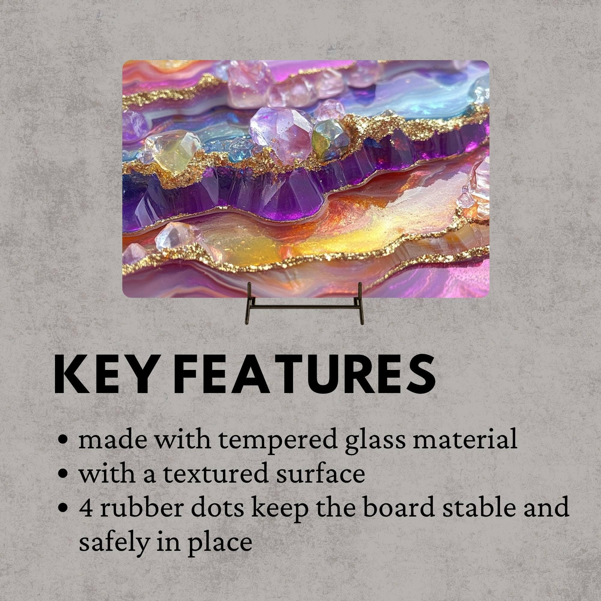 Nature Crystal Geode Glass Cutting Board, Colorful Gemstone Kitchen Counter Art, Sparkling Abstract Art Gift, Glass Serving Tray