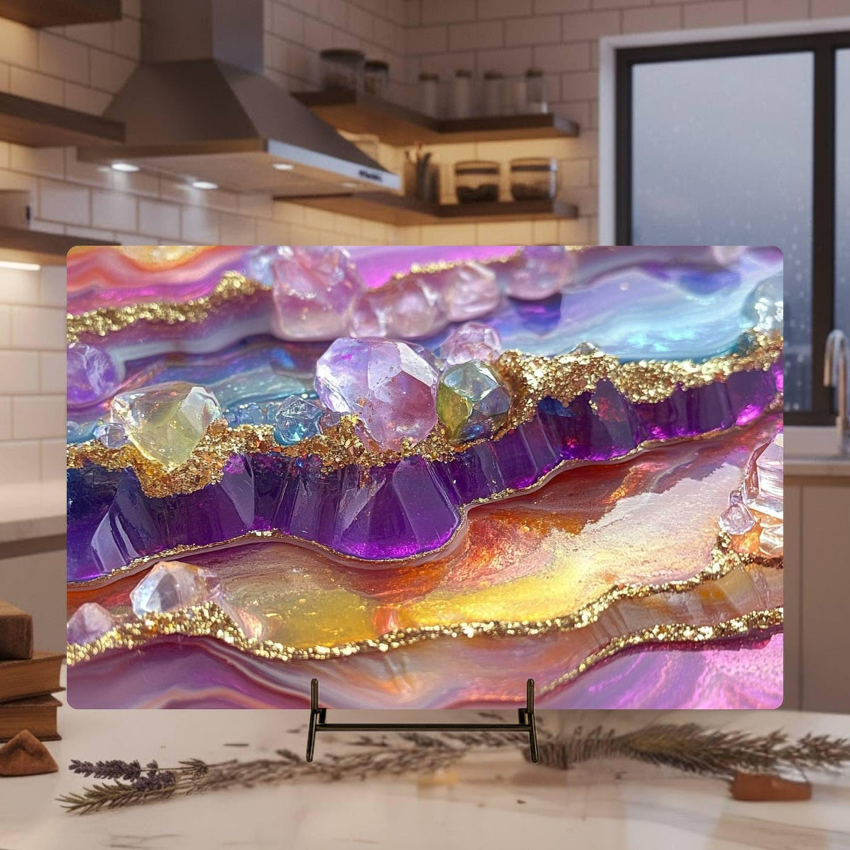 Nature Crystal Geode Glass Cutting Board, Colorful Gemstone Kitchen Counter Art, Sparkling Abstract Art Gift, Glass Serving Tray