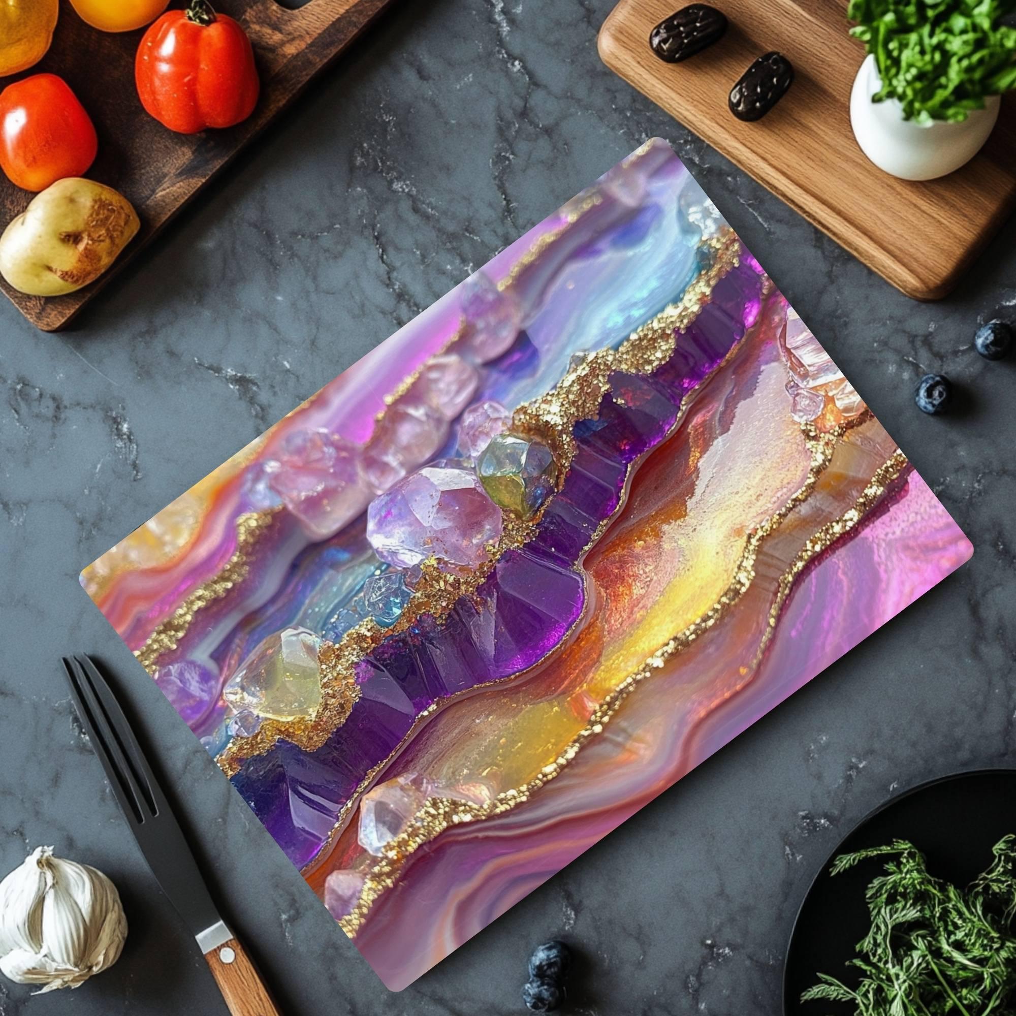 Nature Crystal Geode Glass Cutting Board, Colorful Gemstone Kitchen Counter Art, Sparkling Abstract Art Gift, Glass Serving Tray
