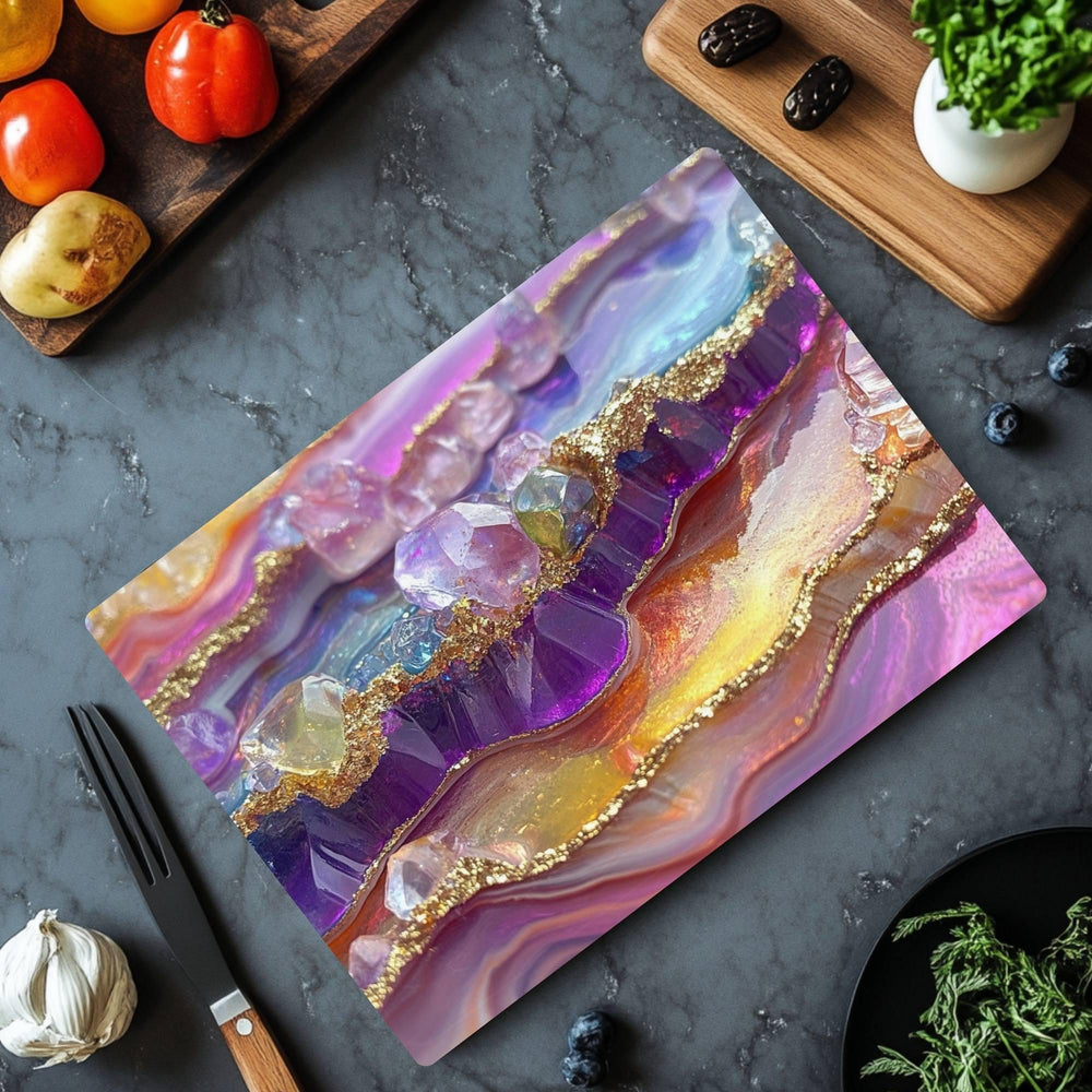 Nature Crystal Geode Glass Cutting Board, Colorful Gemstone Kitchen Counter Art, Sparkling Abstract Art Gift, Glass Serving Tray