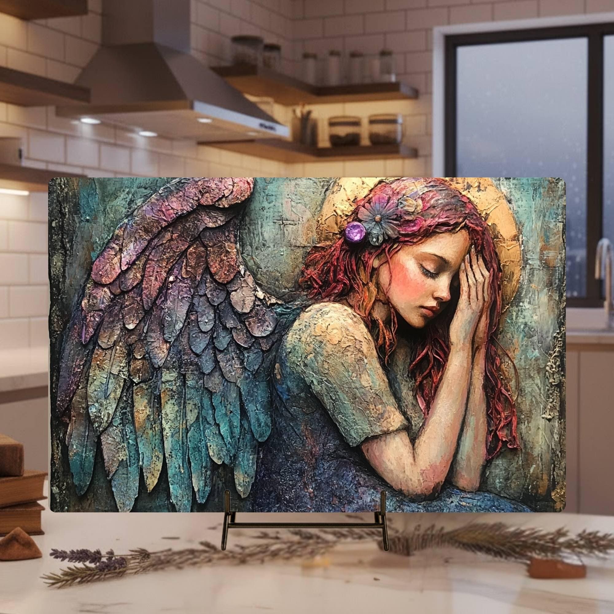 Guardian Angel Glass Cutting Board, Ethereal Winged Woman Kitchen Decor, Spiritual Art Gift