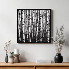 Black and White Birch Forest Wall Art, Minimalist Nature Canvas Print, Scandinavian Style Birch Tree Poster, Modern Woodland Home Decor