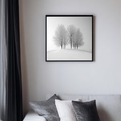 Winter Trees Wall Art, Black and White Framed Canvas, Minimalist Snow Scene Print, Modern Scandinavian Artwork, Calm Nature Home Decor