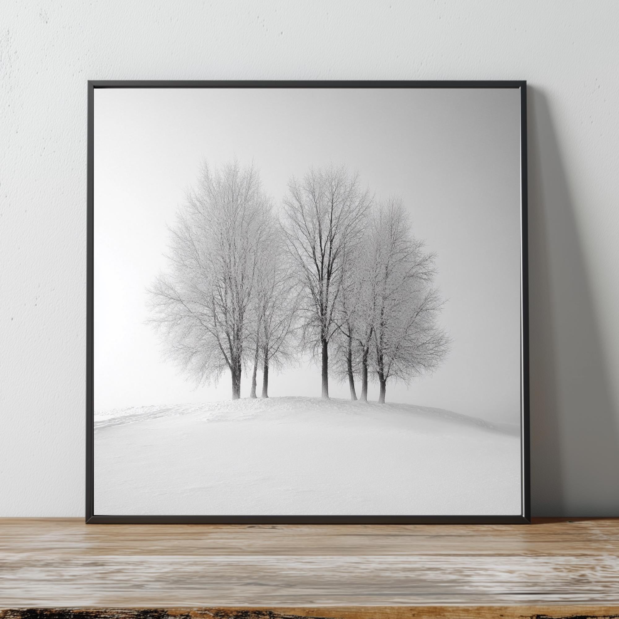Winter Trees Wall Art, Black and White Framed Canvas, Minimalist Snow Scene Print, Modern Scandinavian Artwork, Calm Nature Home Decor