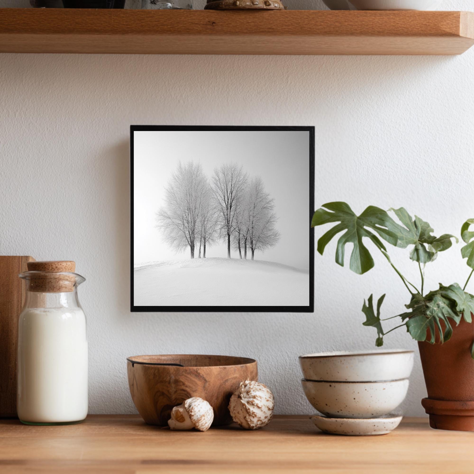 Winter Trees Wall Art, Black and White Framed Canvas, Minimalist Snow Scene Print, Modern Scandinavian Artwork, Calm Nature Home Decor