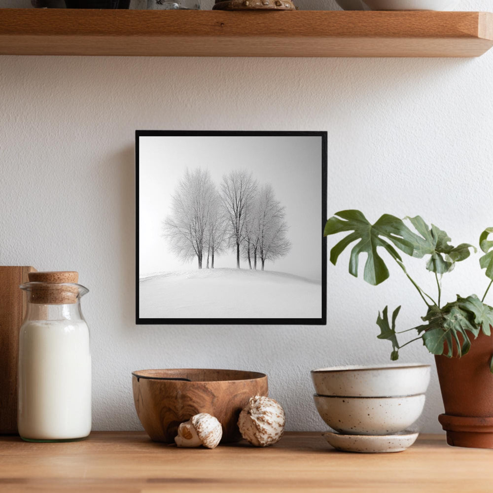 Winter Trees Wall Art, Black and White Framed Canvas, Minimalist Snow Scene Print, Modern Scandinavian Artwork, Calm Nature Home Decor