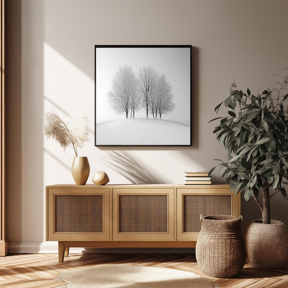 Winter Trees Wall Art, Black and White Framed Canvas, Minimalist Snow Scene Print, Modern Scandinavian Artwork, Calm Nature Home Decor