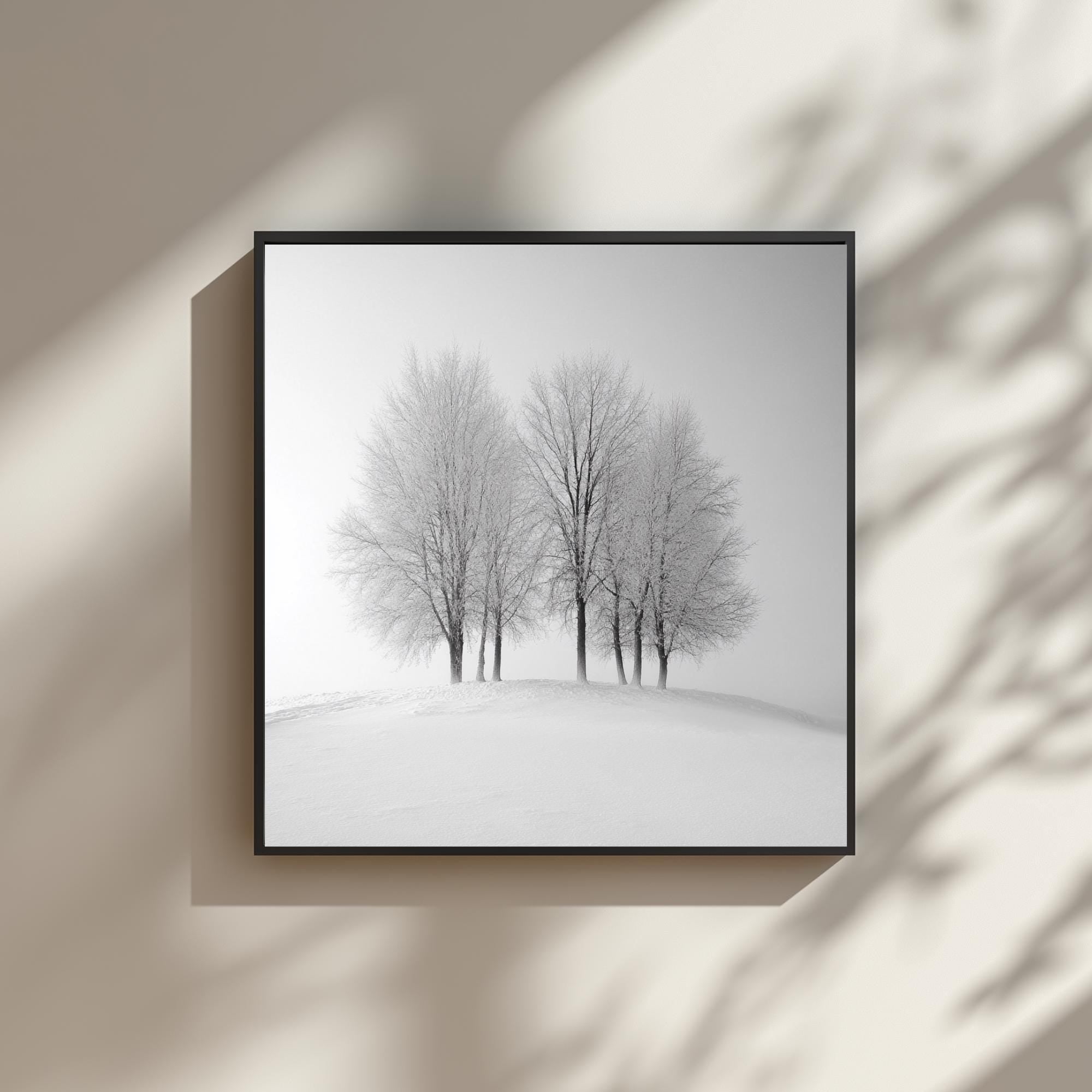 Winter Trees Wall Art, Black and White Framed Canvas, Minimalist Snow Scene Print, Modern Scandinavian Artwork, Calm Nature Home Decor