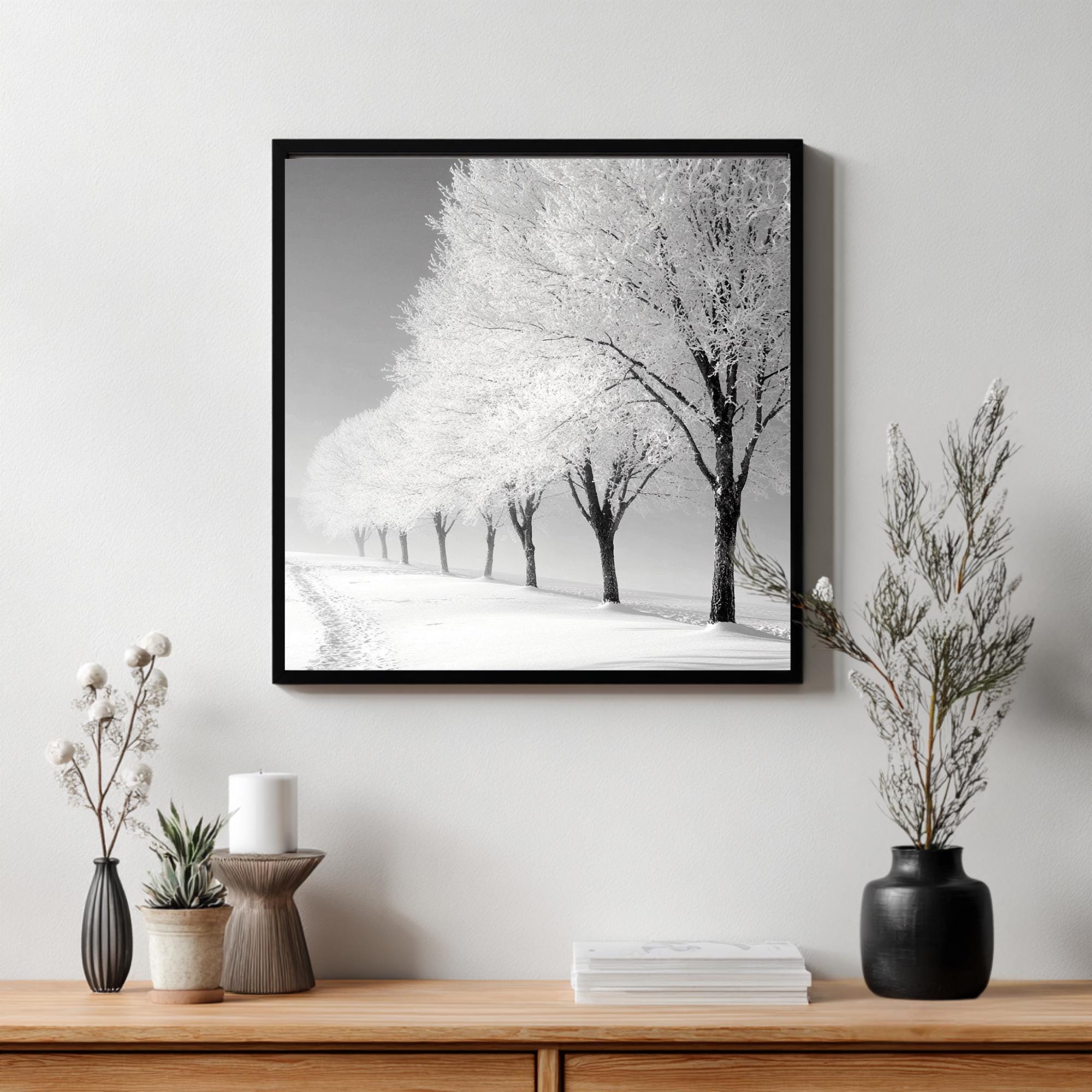Frosted Trees Wall Art, Black and White Framed Canvas, Snowy Landscape Print, Minimalist Winter Artwork, Scandinavian Calm Nature Decor